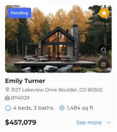 Illustrative home listing card with property details and pending status