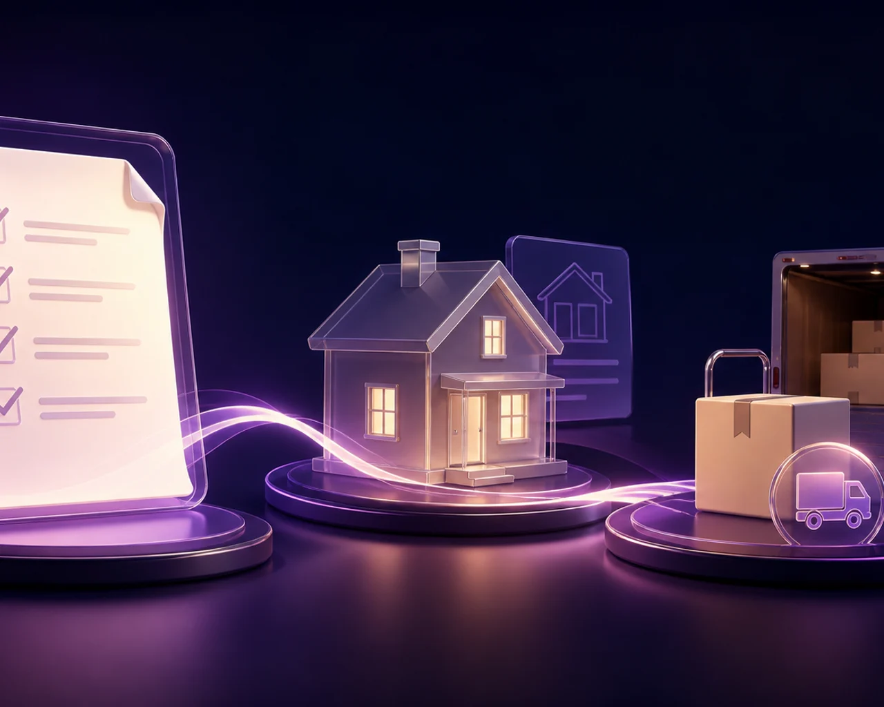 Seller checklist, home listing, and moving truck connected in a content-first realtor outreach workflow