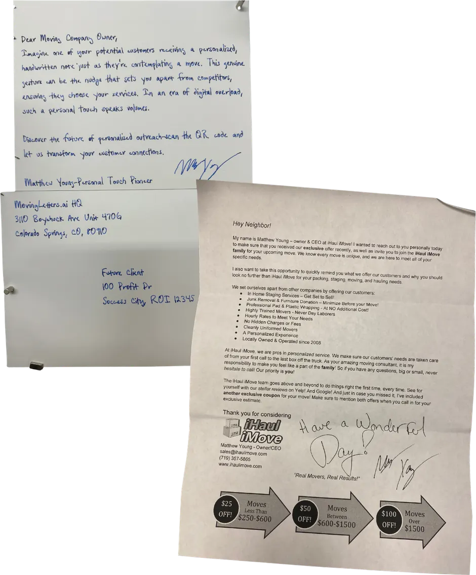 Original handwritten MovingLetters mail pieces