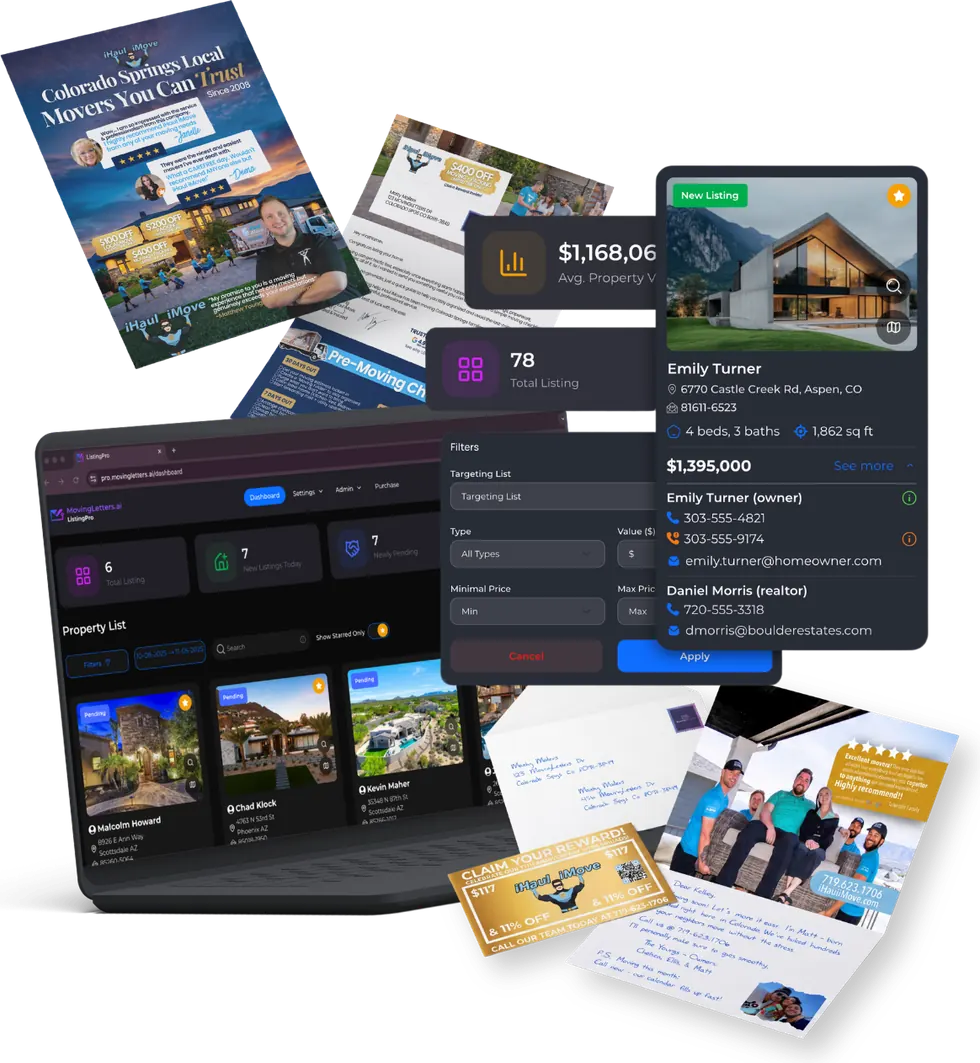 MovingLetters platform, ListingPro data, and mail campaign visuals