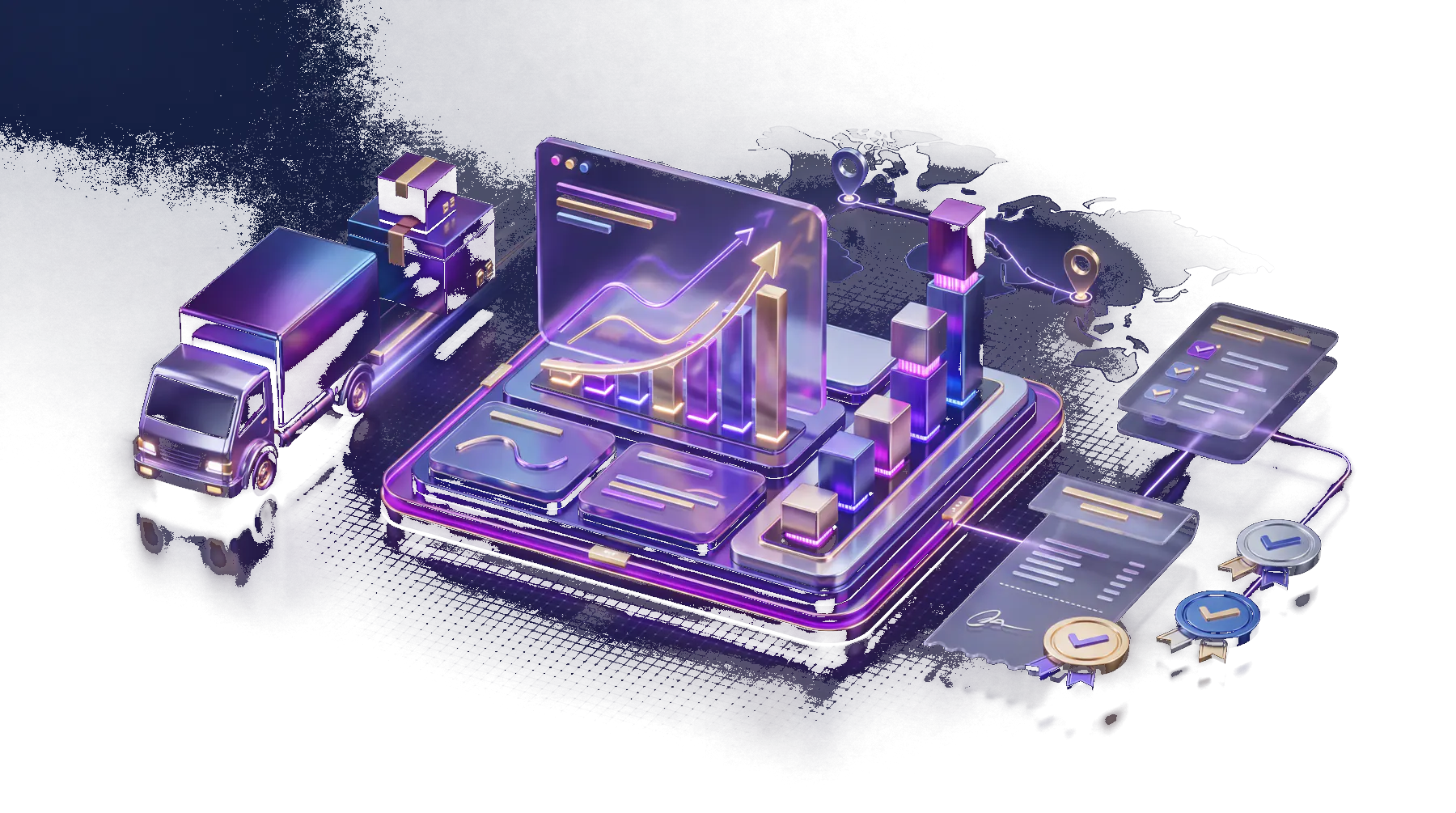Glowing analytics dashboard and moving truck case study receipts