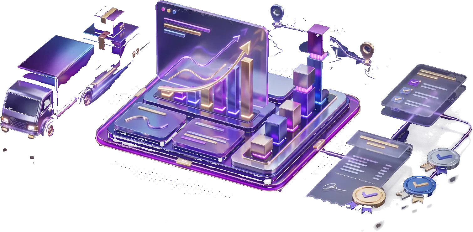 Glowing analytics dashboard and moving truck case study receipts
