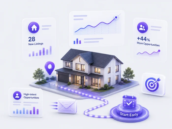 Moving activity illustration showing new listings, high-intent opportunities, outreach, and earlier market timing