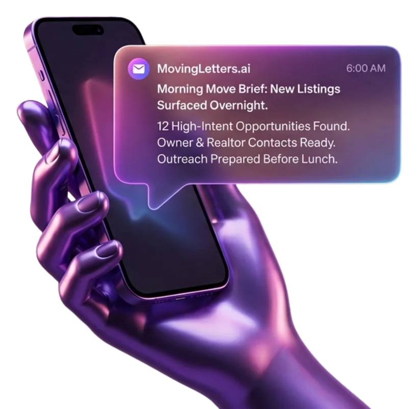 MovingLetters.ai morning move brief notification on a phone