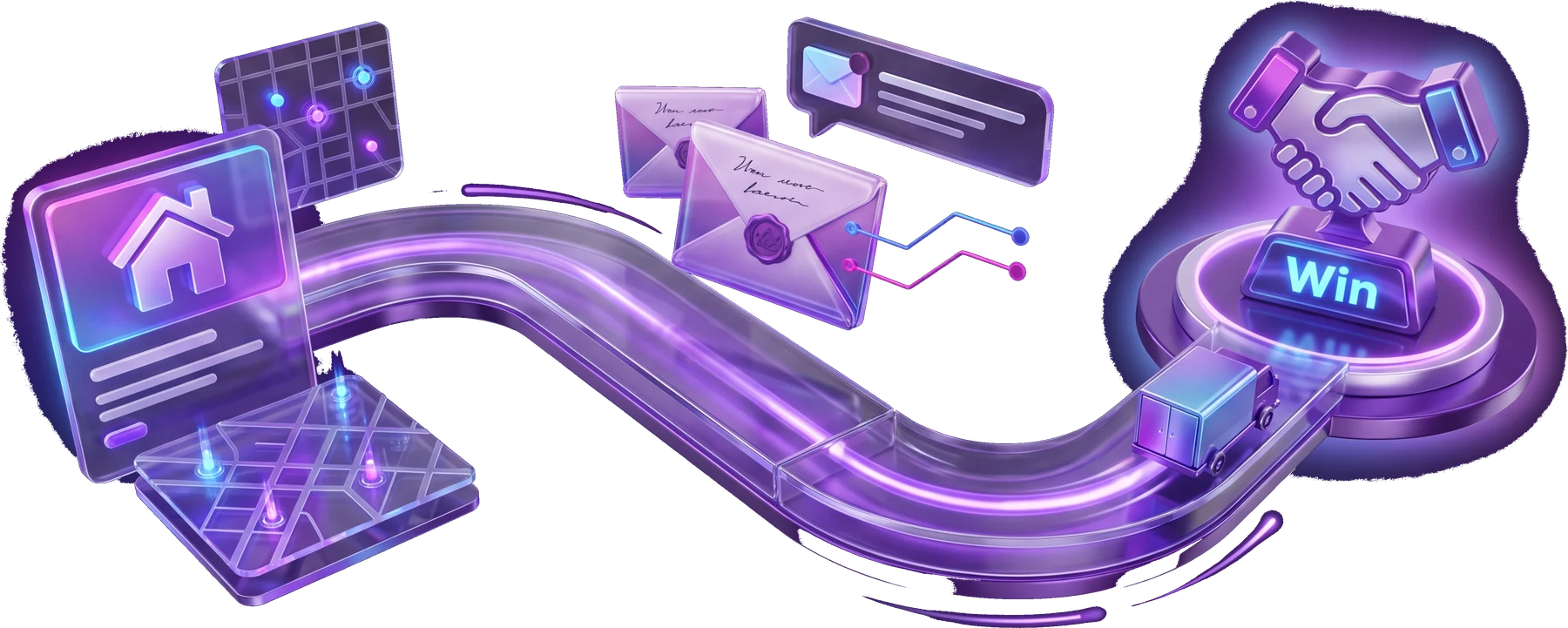 Glowing pathway showing real estate activity, outreach, and a booked win for moving companies
