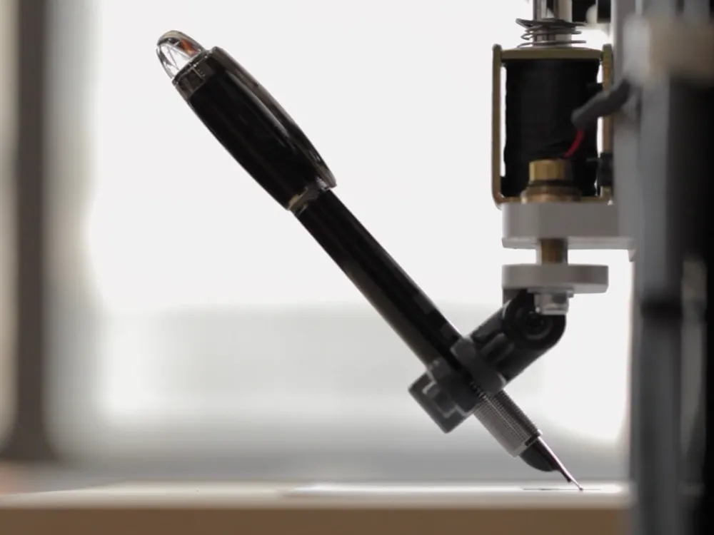 The actual robotic-handwriting machine — a real fountain pen on a CNC arm