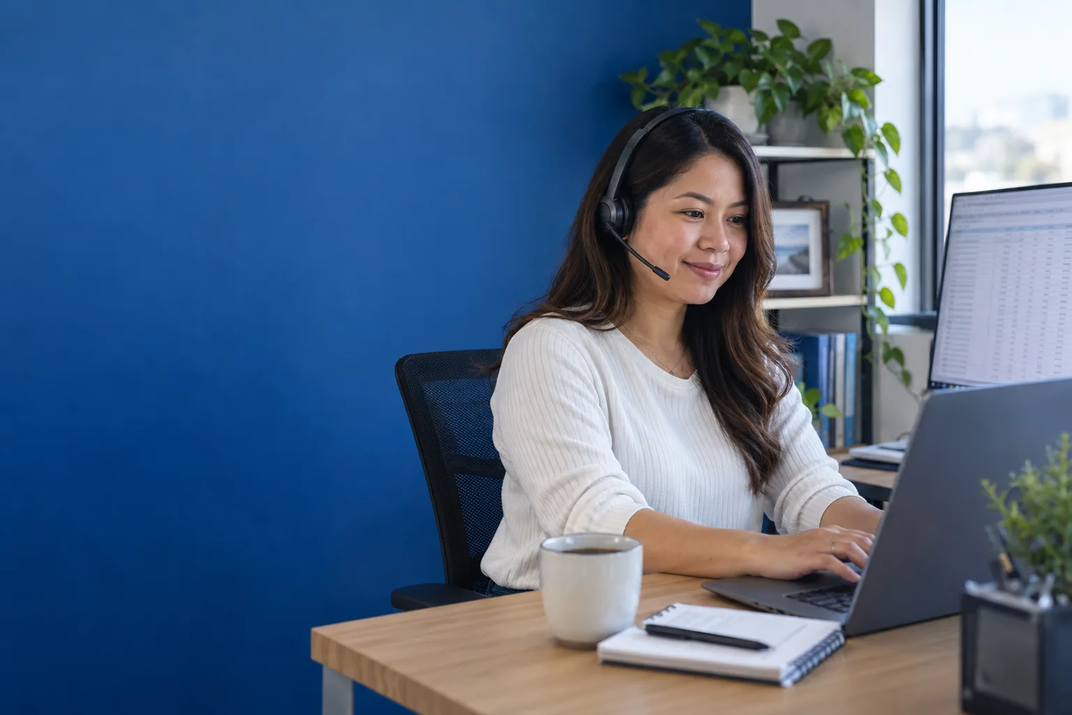 Illustrative remote assistant wearing a headset at her workstation