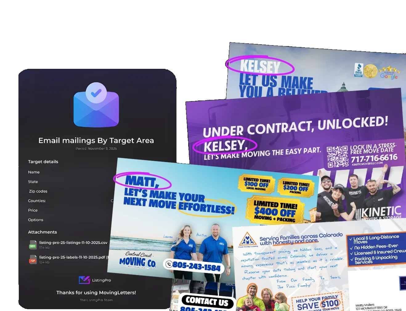 Cold email + direct mail campaign mockups in the MovingLetters dashboard