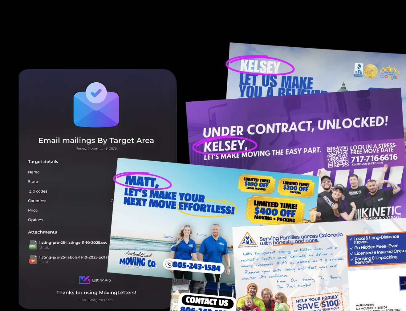 Cold email + direct mail campaign mockups in the MovingLetters dashboard