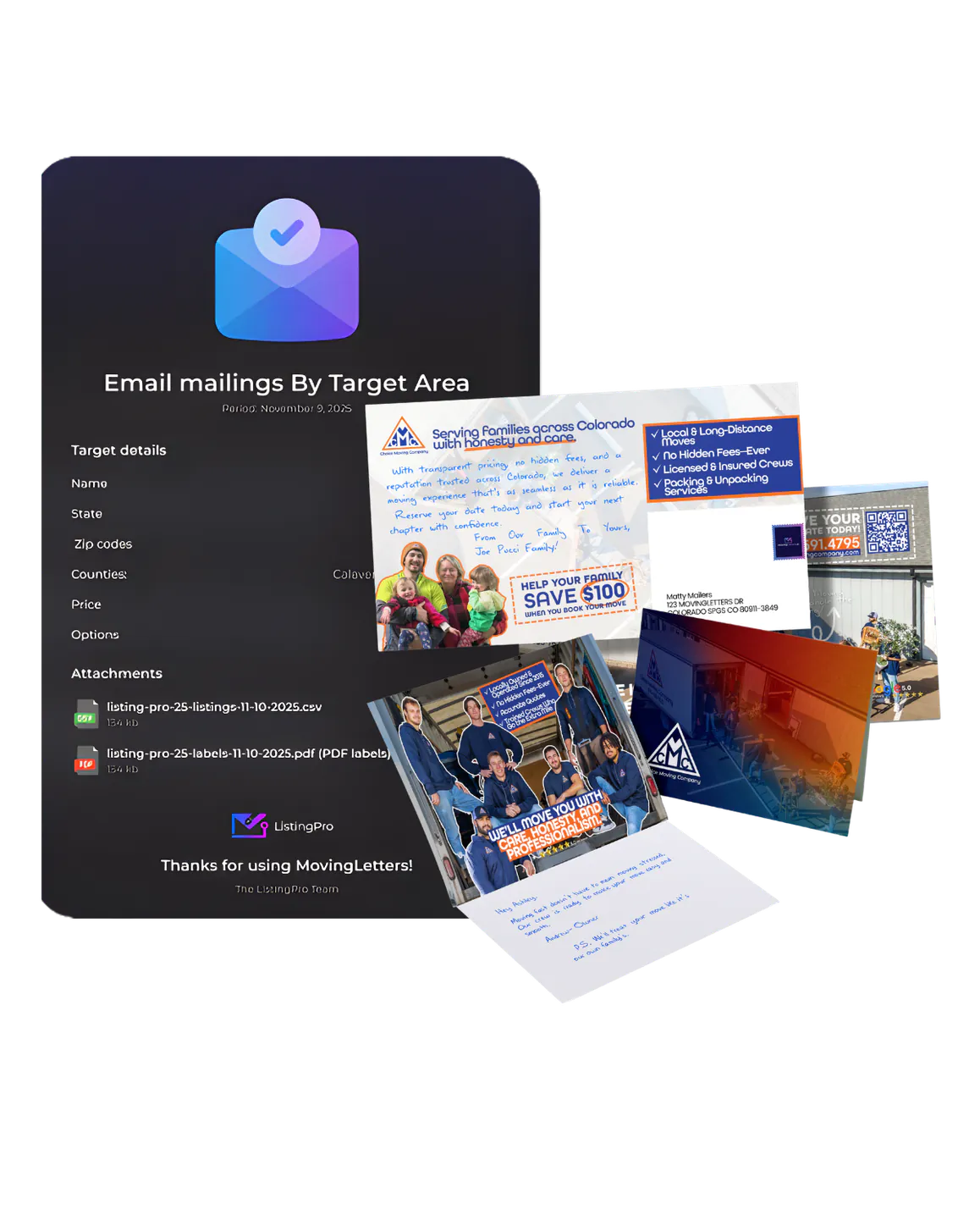 Direct mail campaign dashboard with postcards, handwritten letters, and moving company mail pieces