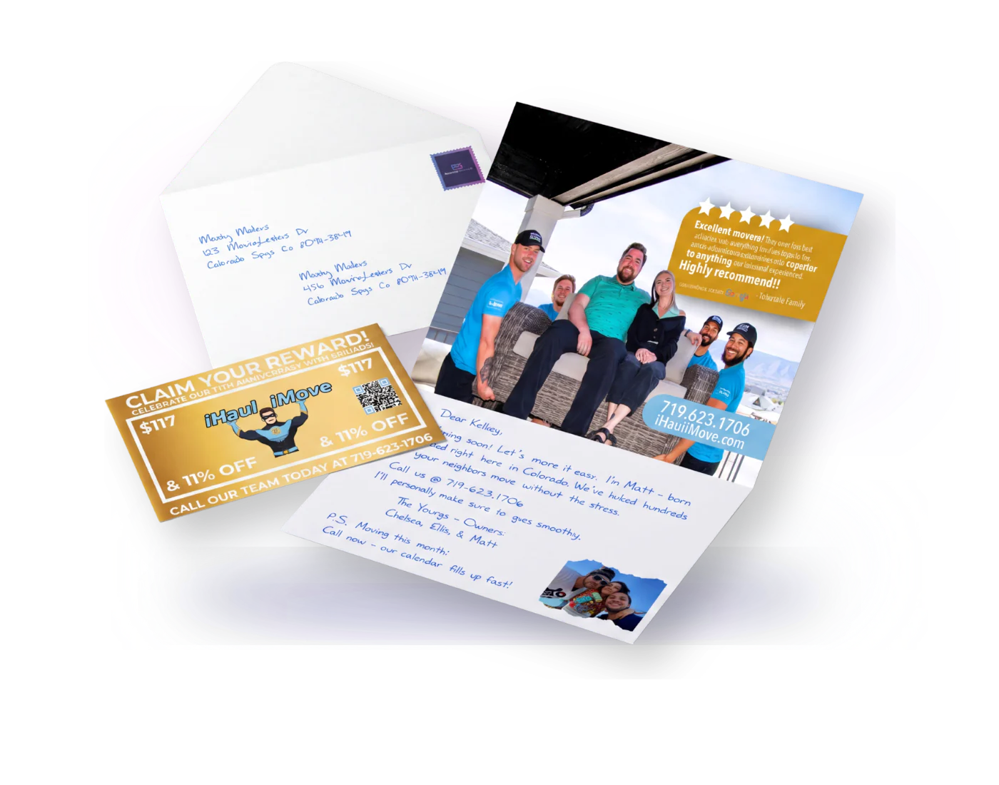 3D handwritten direct mail mockup with premium card, envelope, and layered moving company mail pieces