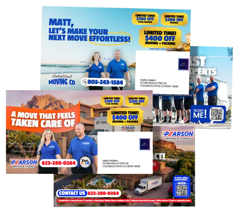 Full-color postcard examples for moving company direct mail