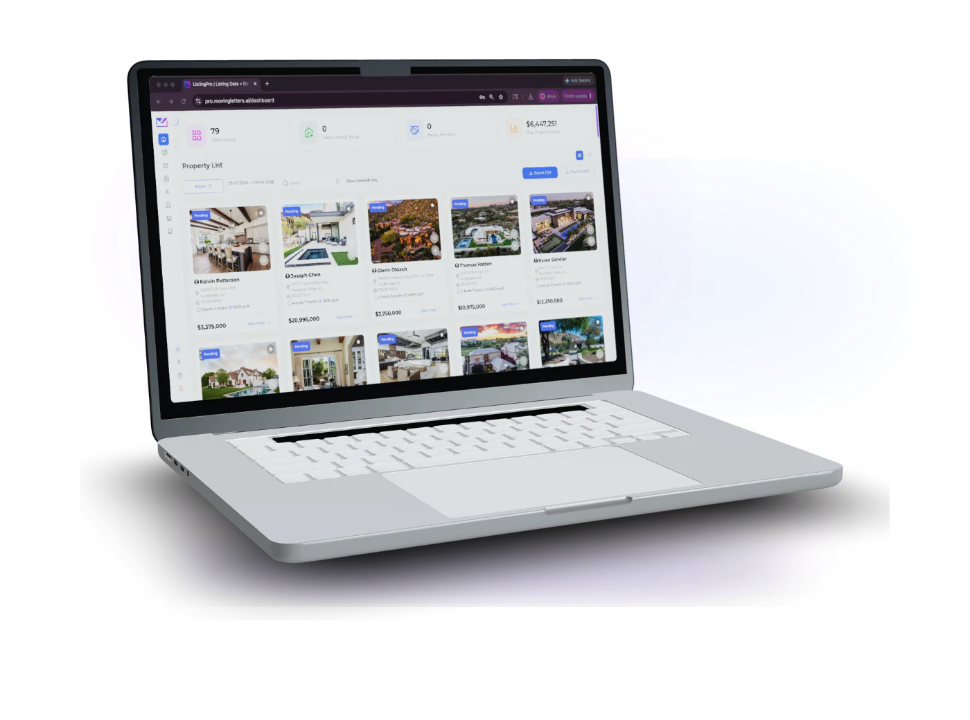 3D laptop mockup showing the ListingPro dashboard with new listing and homeowner data